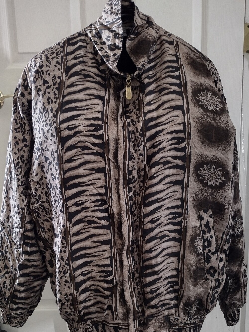 Vintage Printed Black and Cream Bomber Animal Print Jacket - Women's